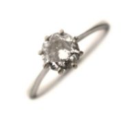18ct white metal and Plat old cut solitaire diamond ring, 1ct approx