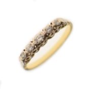 Diamond five-stone unmarked yellow metal and white metal ring