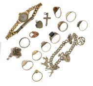 Collection of 9ct gold and silver jewellery to include a lady's Majex 9ct gold cased wristwatch, etc