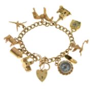 9ct gold curb link charm bracelet, attached various 9ct gold charms, etc