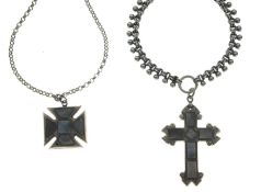 Victorian-style agate cross pendant with book chain necklace, and a Maltese cross pendant necklace (