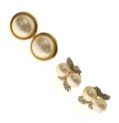 Two pairs of yellow metal and pearl ear studs (2)