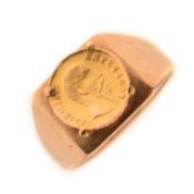 9ct gold signet ring inset a Mexican gold token