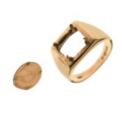 9ct gold signet ring mount with a loose Mexican gold token (a/f)