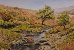 Ian Hudson (20th century) - Watercolour - Riverside scene with fox