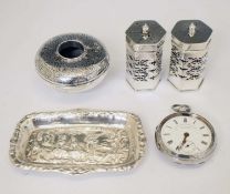 Pair of George V silver condiments, a Thai white metal vase, etc