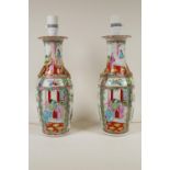 A pair of C19th Cantonese famille verte vases converted to lamps, 31cm high