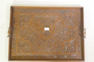 Victorian Arts & Crafts walnut serving tray carved with ivy and clover borders and floral designs,