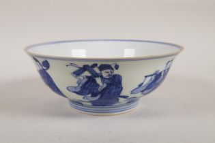A Chinese blue and white porcelain bowl decorated with the eight immortals, Chenghua 6 character