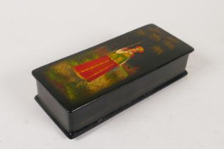 A Russian Soviet Union hand painted lacquer box depicting a woman in traditional wear, signed
