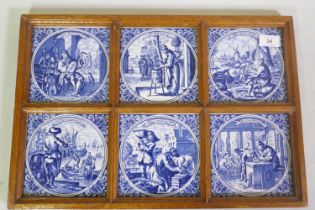 Six Delft style pottery tiles each depicting men working different occupations, mounted in one