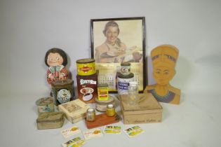 Vintage advertising tins and boxes, Colmans Mustard, Bird's Custard, a Dean's rag knockabout