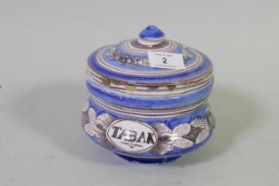 Antique Dutch Delft tobacco jar and cover, 12cm high