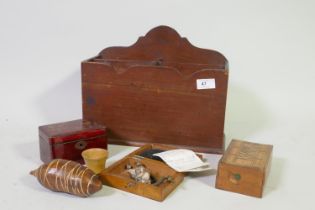 Walnut stationery/candle box, 27cm high; a cribbage board; Japanese lacquer box; box containing