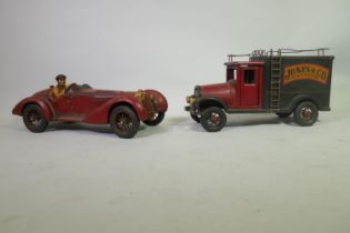 A model of vintage open top sports car with wire wheels, 72cm long, and a vintage wooden removal