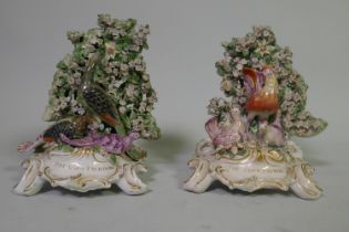 Pair of late C18th/early C19th Aesop's Fable bocage figures, possibly Derby, titled 'The Cock and