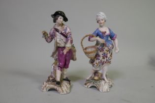Pair of late C19th/C19th soft paste porcelain figures, possibly Derby, of a street vendor and a