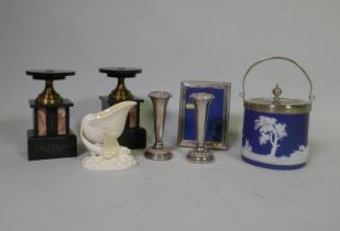 A blue Jasperware biscuit barrel with silver plated mounts, stamped BP & Co, Brownhills Pottery