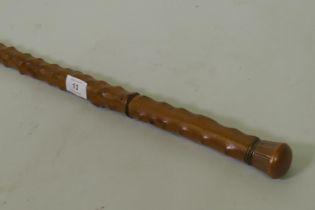 Antique hawthorn walking/tipple stick, with screw top and handle, lacking glass vial, 89cm long