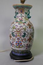 Chinese famille verte porcelain vase converted to a lamp, with wood base, 41cm high