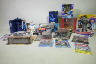 Collector's figures, Dr Who Tardis and 'Battles' cards, Lost in Space Battle ravaged robot, Batman