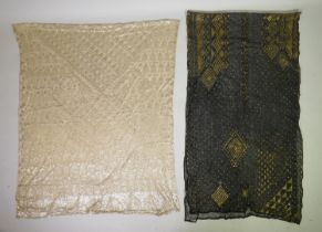 Two 1930s Egyptian Tulle-bi-telli (Assuit) traditional textile shawls with woven gilt and white