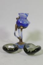 Holmegaard glass ashtray, 12cm long, and a small bowl and studio glass vase with metal mounts