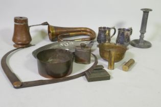 A Crania Art Nouveau pewter dish, marked 1101 to base, 34cm long; a trench art brass bowl and pair