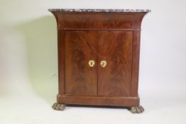 C19th Continental side cabinet with marble top and shaped frieze drawer over two cupboards, raised
