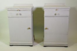 A pair of painted French style bedside cabinets with brushing slide over single drawer and cupboard,
