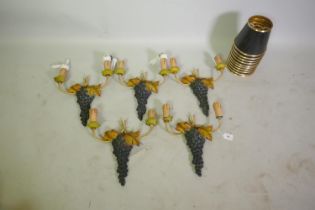Five two branch wall lights in the form of bunches of grapes, with gilt trimmed shades, 30cm high