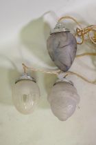 Three pendant ceiling lights with glass shades, largest 21cm high