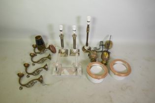 Lighting - four brass wall lights with shades, chrome and acrylic two branch light, a pair of