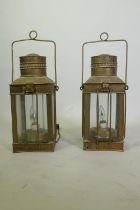 Pair of brass four glass lanterns, 38cm high