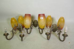 Three brass two branch wall lights with cameo glass shades, 33cm high