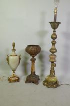 Three onyx table lamps with gilt brass and metal mounts, largest 85cm high