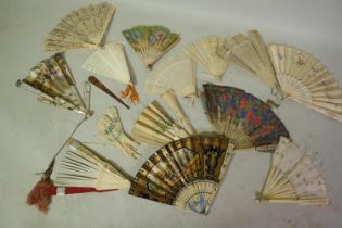 Quantity of antique bone, feather and mother of pearl fans, all AF