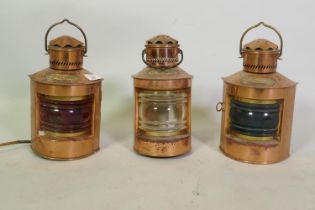 Set of three Dutch copper ship's navigation lights, port, starboard and stern, 24cm high