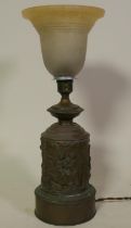 C19th French 'Brevete' bronze table lamp, converted to electricity, the body with repousse