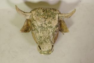 Antique painted terracotta bull's head, possibly C19th French provincial, 44cm wide, 39cm long