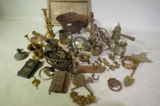 A quantity of antique brass and metalware, Boosey & Hawkes Imperial cornet, pestle and mortar,
