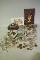 Collection of Victorian glass inkwells, mounts, walnut desk stand, glass lustres, magnifying