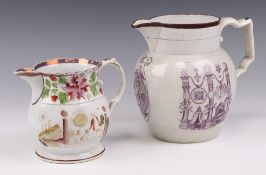 Masonic, a 19th century creamware tankard with oval plaque decorated skull, crossbones, square,