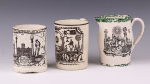 Masonic, 2 18th/19th century cream glazed pottery toad tankards, the interiors decorated toads,