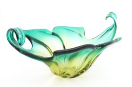 A Murano green and yellow glass centrepiece bowl with scrolled detail. Bears Murano label under.
