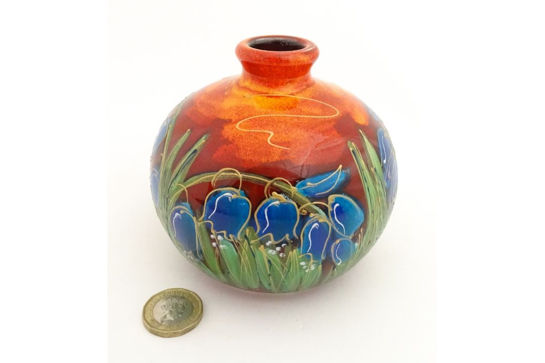 An Anita Harris green glazed vase of squat form decorated with Bluebells. Signed under. Approx. 3 - Image 2 of 8