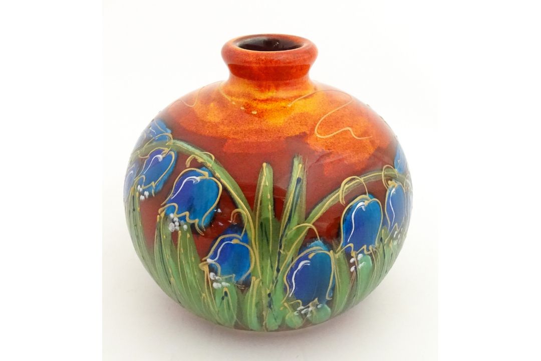 An Anita Harris green glazed vase of squat form decorated with Bluebells. Signed under. Approx. 3 - Image 3 of 8