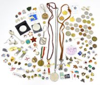 A quantity of badges, pendants, cufflinks, medals and coins etc, examples to include an Italian