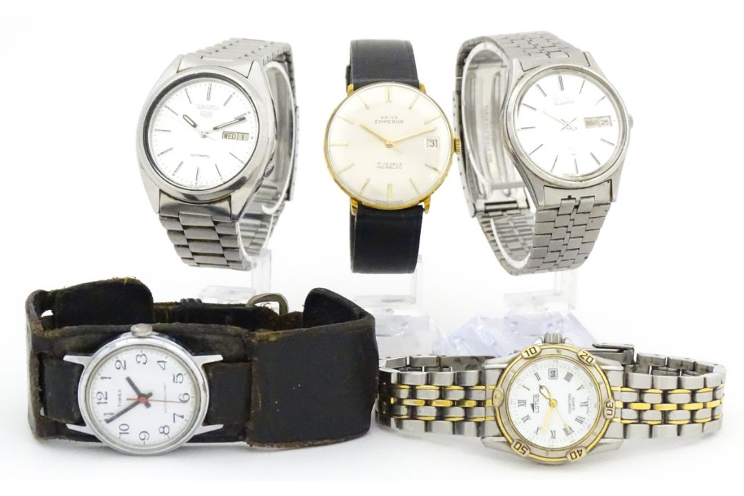 Five assorted wristwatches to include examples by Seiko, Timex, Emperor ...
