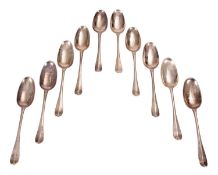 TEN GEORGE I SILVER OLD ENGLISH RAT TAIL PATTERN TABLESPOONS